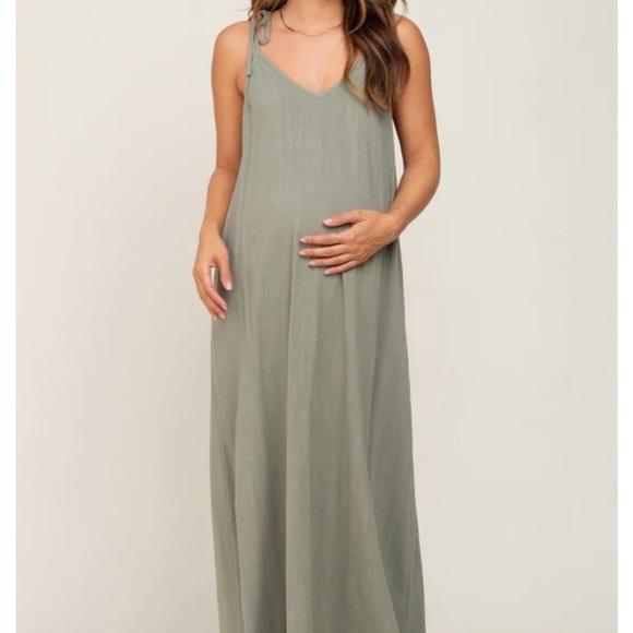 Light Olive Linen V-Neck Tie Strap Maternity Maxi Dress (PINKBLUSH) - Picture 3 of 8